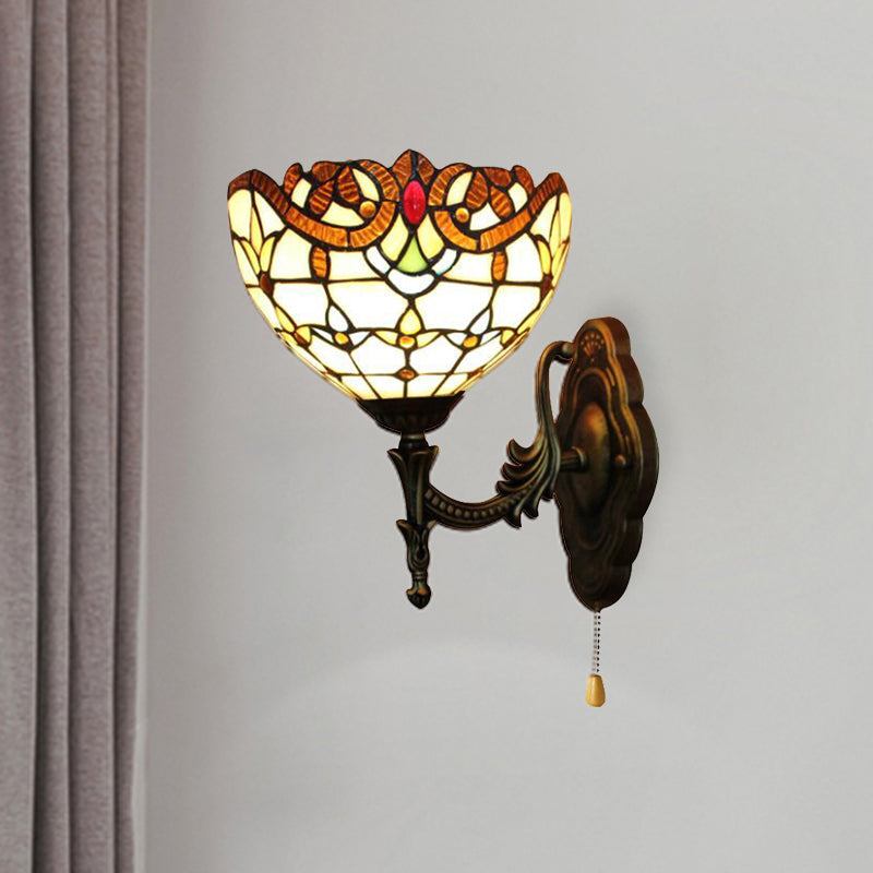 Stained Glass Bowl Wall Light with Pull Chain 1 Light Victorian Wall Sconce Lighting for Bedroom