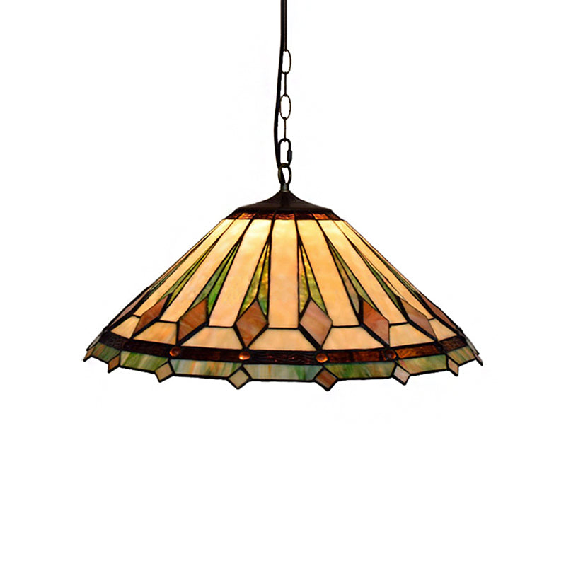 Brown Tapered Pendant Ceiling Light Tiffany 2 Heads Multicolored Stained Glass Hanging Lamp for Bedroom