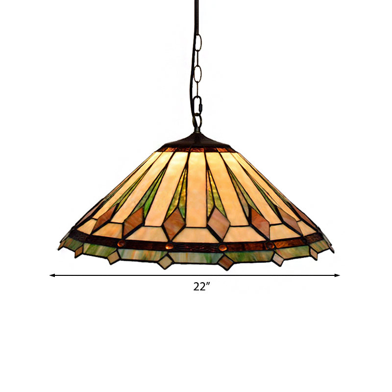 Brown Tapered Pendant Ceiling Light Tiffany 2 Heads Multicolored Stained Glass Hanging Lamp for Bedroom