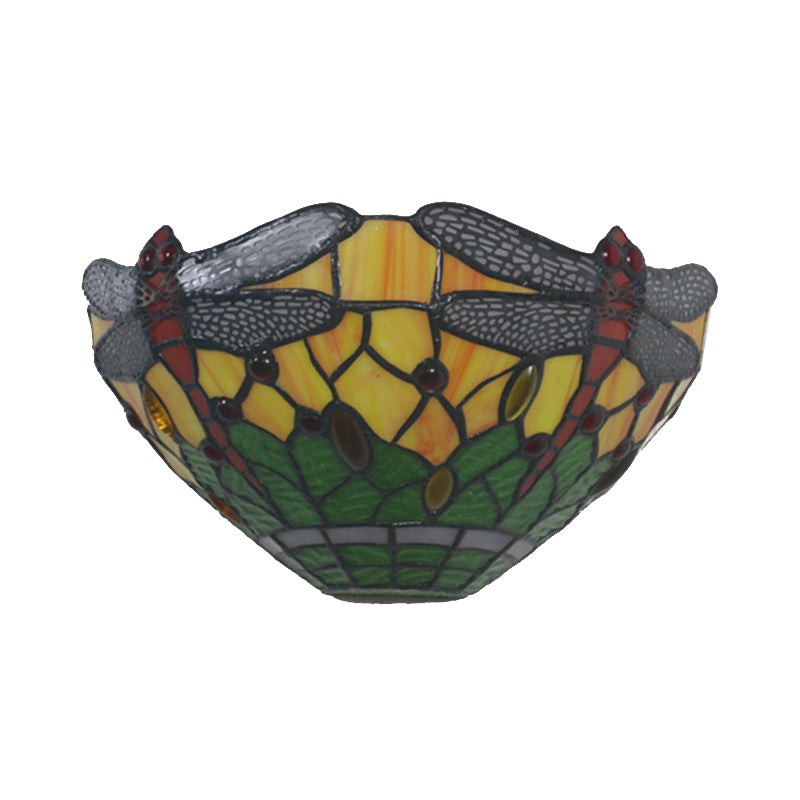 Bowl Shade Wall Light with Dragonfly Pattern 1 Light Rustic Stained Glass Sconce Lighting