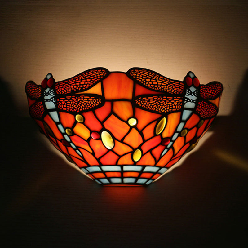 Dragonfly Wall Lighting Tiffany Style Stained Glass 1 Light Wall Sconce Lighting in Orange