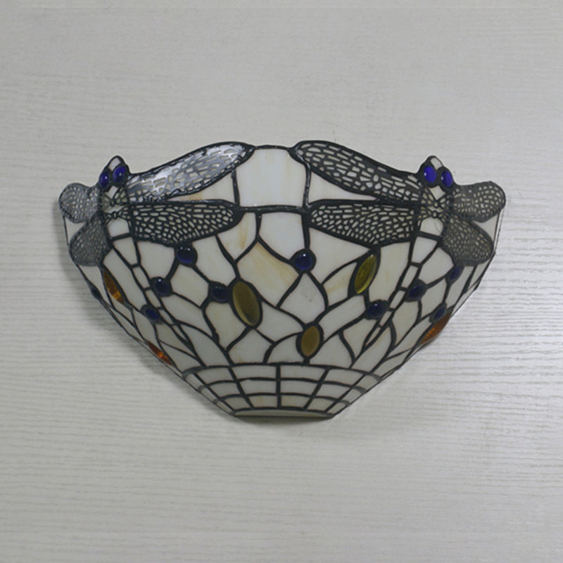 White Wall Mount Light Country Style 1 Light Wall Sconce with Dragonfly Pattern for Bedroom