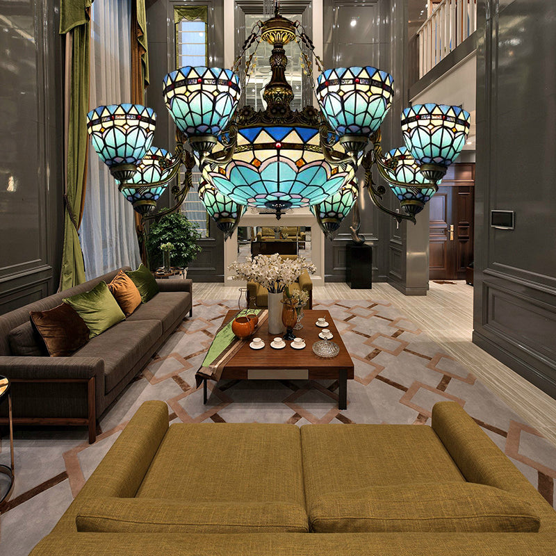 Lampada a cupola vintage in vetro macchiato a 9 luci lampadario invertito in blu per soggiorno