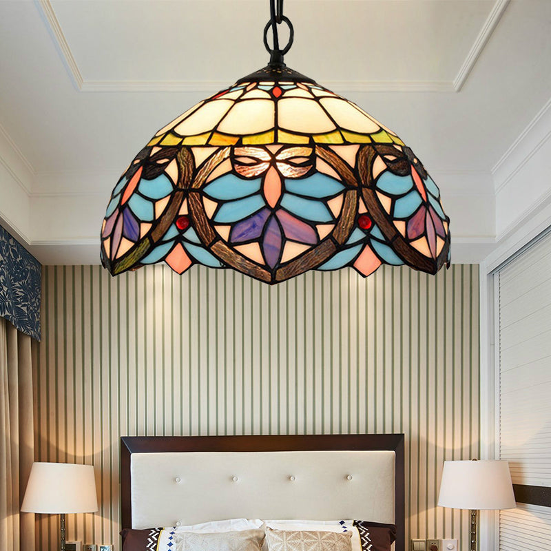 Tiffany Style Bowl-Shaped Hanging Lamp Stained Glass 1 Light Colorful Ceiling Pendant for Dining Room