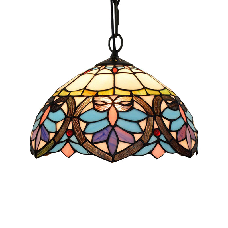 Tiffany Style Bowl-Shaped Hanging Lamp Stained Glass 1 Light Colorful Ceiling Pendant for Dining Room