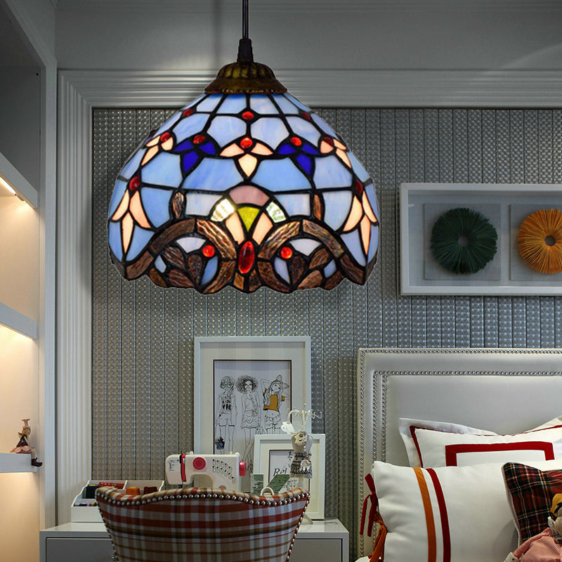 Baroque Style Bowl Pendant Light Stained Glass 1 Light Ceiling Pendant in Blue for Dining Room