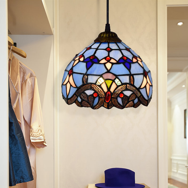 Baroque Style Bowl Pendant Light Stained Glass 1 Light Ceiling Pendant in Blue for Dining Room