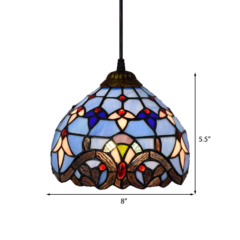 Baroque Style Bowl Pendant Light Stained Glass 1 Light Ceiling Pendant in Blue for Dining Room