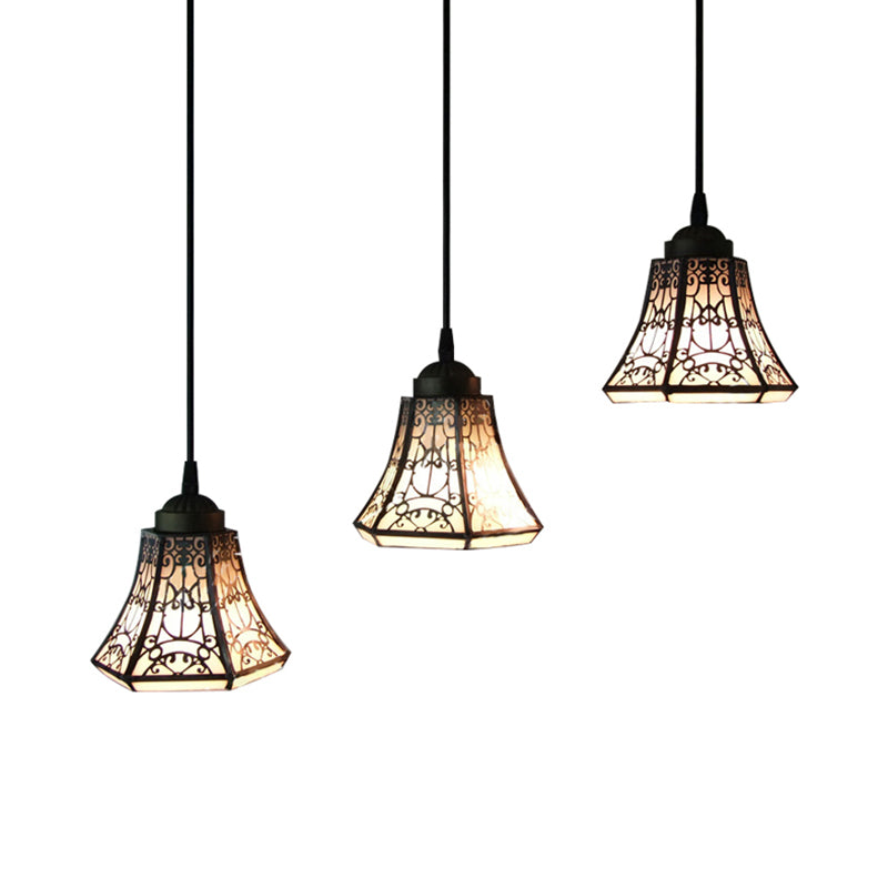 Tiffany Bell Pendant Light Fixture 3 Heads Stained Art Glass Down Lighting in Black and White for Bedroom