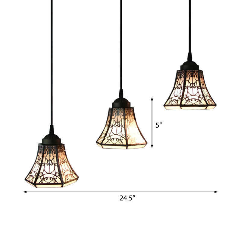 Tiffany Bell Pendant Light Fixture 3 Heads Stained Art Glass Down Lighting in Black and White for Bedroom