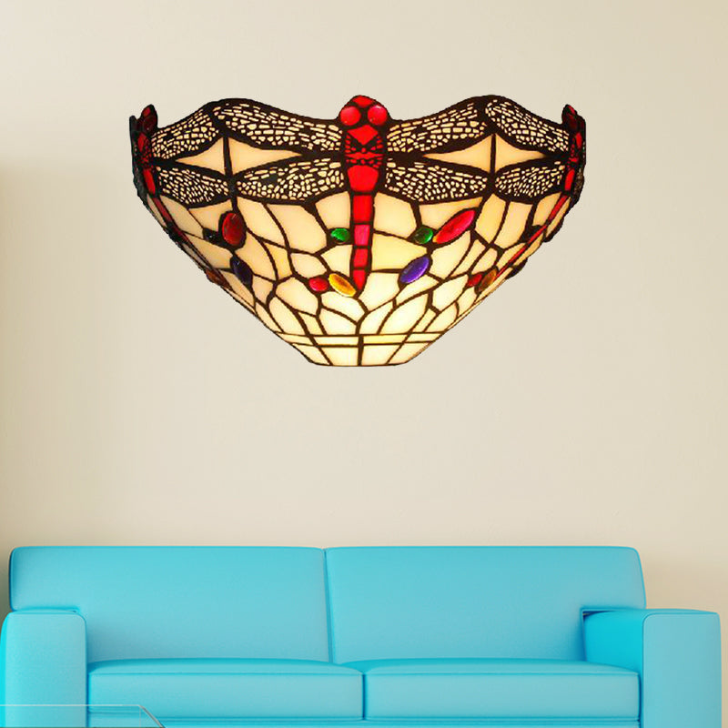 Art Deco Dragonfly Wall Sconce with Bowl Shade 1 Light Rustic Stained Glass Wall Light in White
