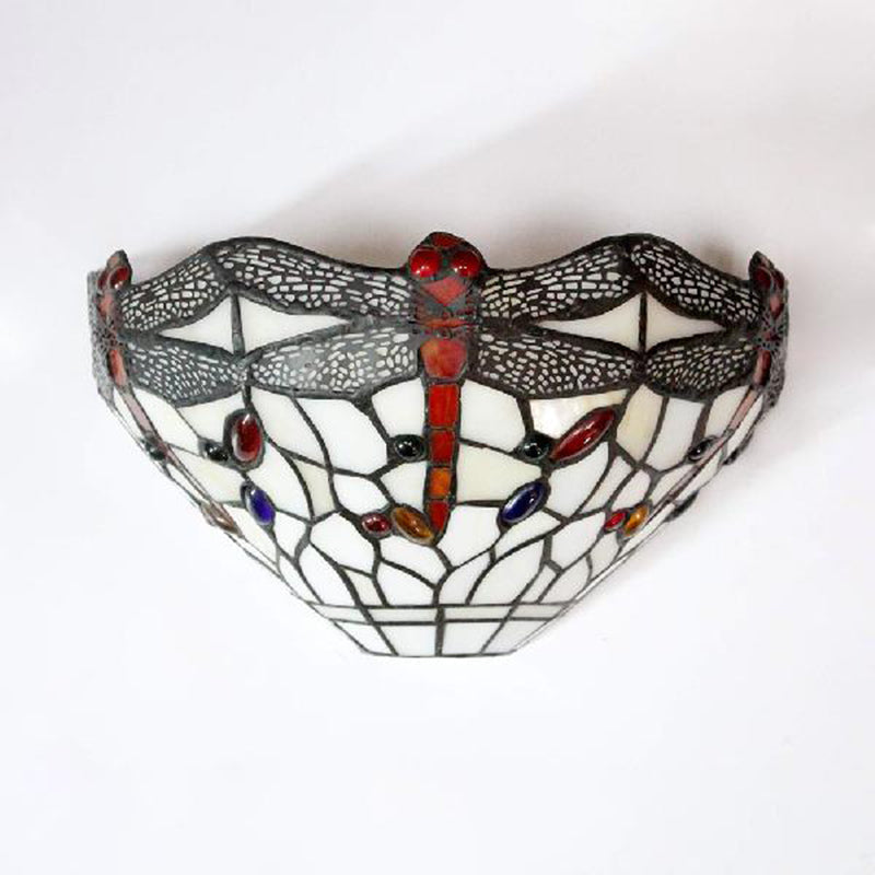 Art Deco Dragonfly Wall Sconce with Bowl Shade 1 Light Rustic Stained Glass Wall Light in White