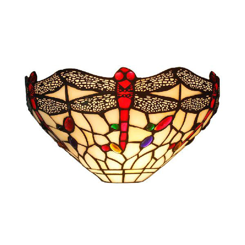 Art Deco Dragonfly Wall Sconce with Bowl Shade 1 Light Rustic Stained Glass Wall Light in White