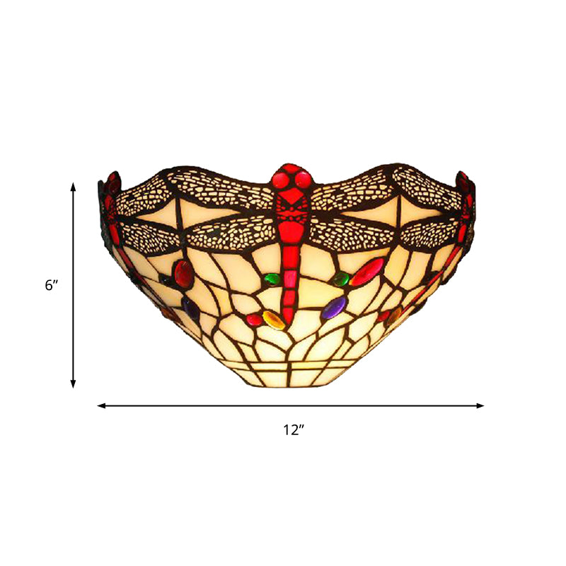 Art Deco Dragonfly Wall Sconce with Bowl Shade 1 Light Rustic Stained Glass Wall Light in White