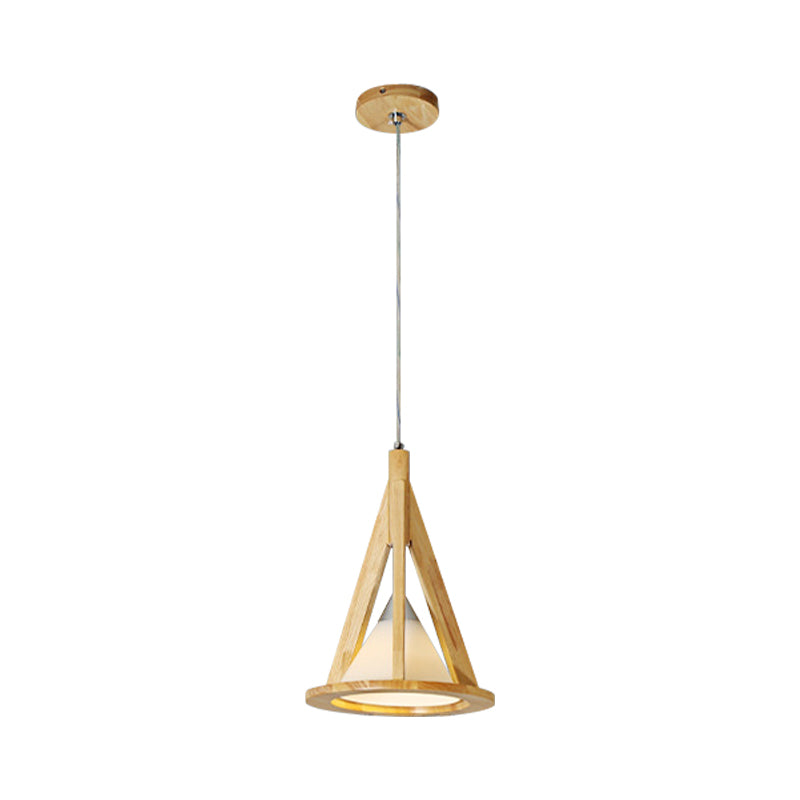 Modern Cone Pendant Light Wood & Frosted Glass Hanging Light in Beige for Coffee Shop