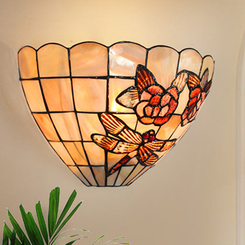 Beige Wall Lamp with Bowl Shade Tiffany Style Handmade Shell Wall Sconce Light with Rose and Dragonfly Pattern