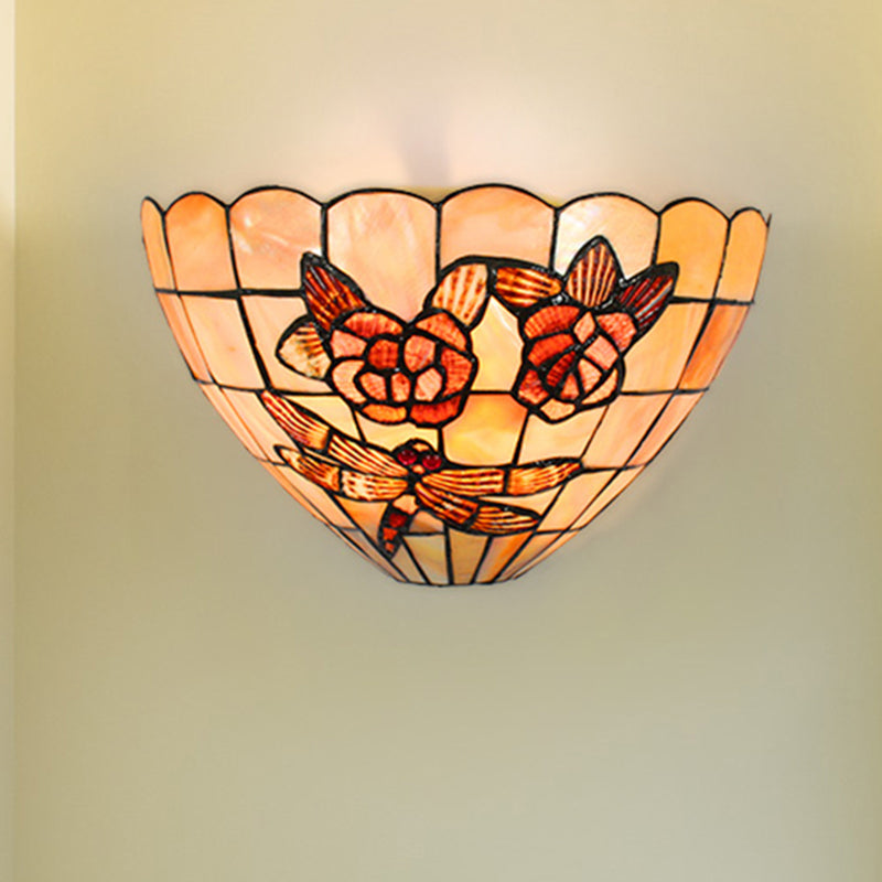 Beige Wall Lamp with Bowl Shade Tiffany Style Handmade Shell Wall Sconce Light with Rose and Dragonfly Pattern
