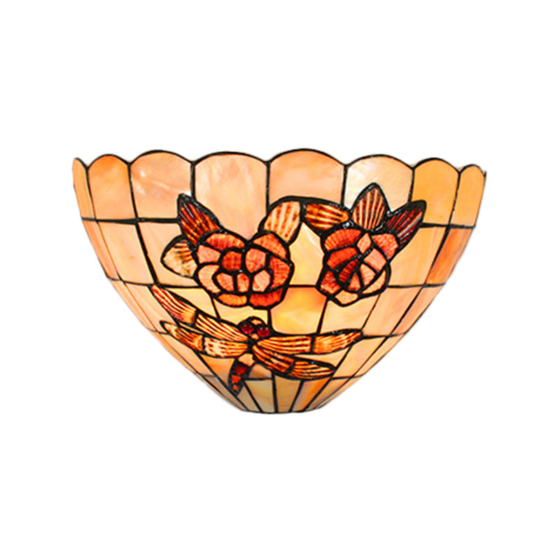 Beige Wall Lamp with Bowl Shade Tiffany Style Handmade Shell Wall Sconce Light with Rose and Dragonfly Pattern