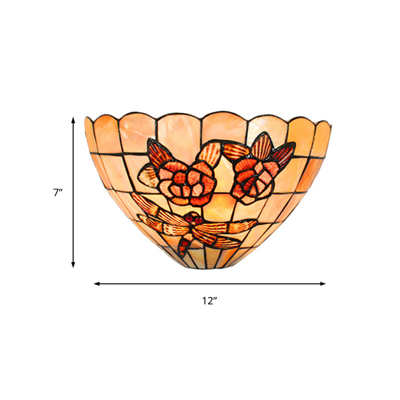 Beige Wall Lamp with Bowl Shade Tiffany Style Handmade Shell Wall Sconce Light with Rose and Dragonfly Pattern