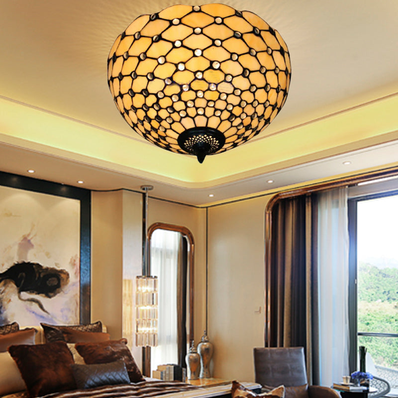 Beige / Black Bowl-Shaped Ceiling Light Fixture Tiffany Stained Glass 1/2 Lights Flushmount Ceiling Light