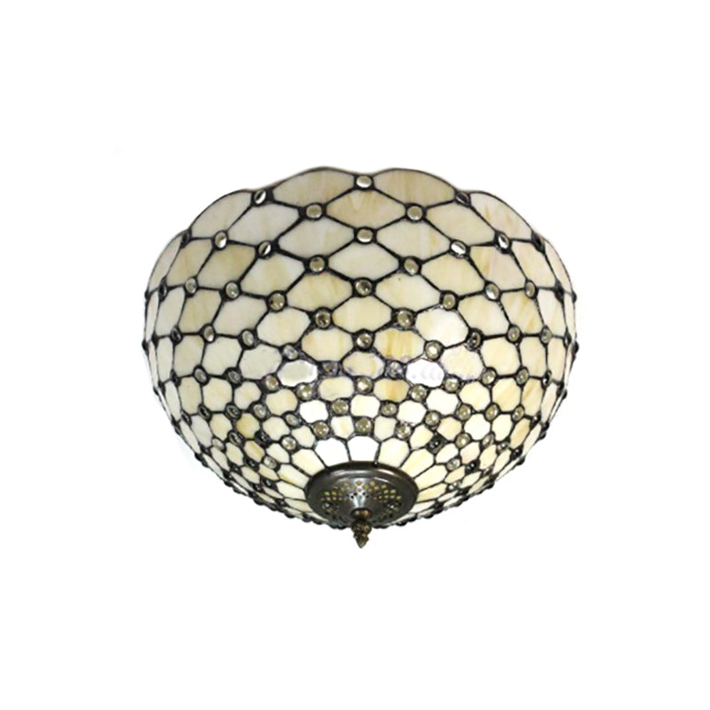 Beige / Black Bowl-Shaped Ceiling Light Fixture Tiffany Stained Glass 1/2 Lights Flushmount Ceiling Light