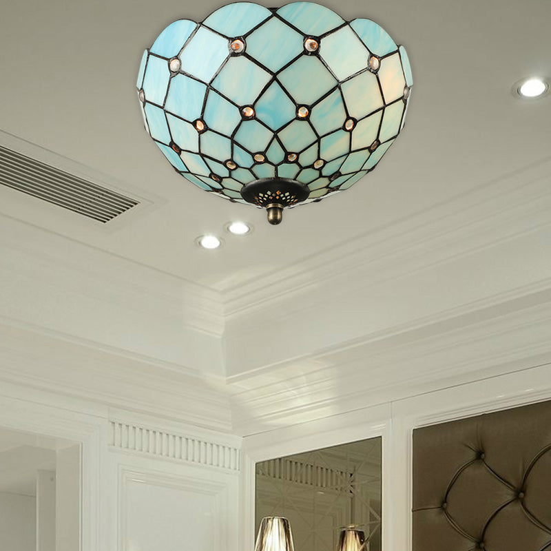 Beige / Black Bowl-Shaped Ceiling Light Fixture Tiffany Stained Glass 1/2 Lights Flushmount Ceiling Light