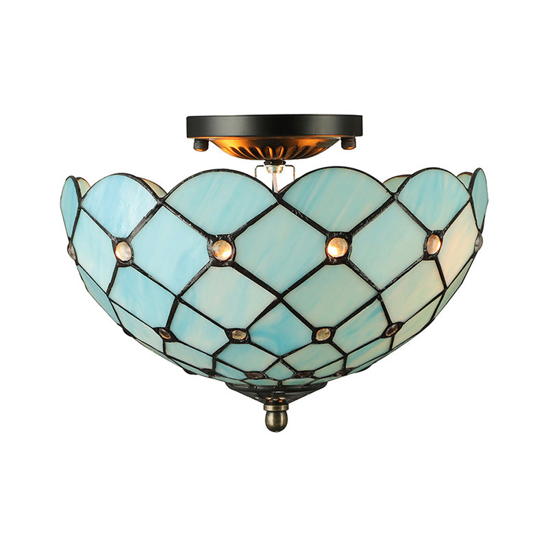 Beige / Black Bowl-Shaped Ceiling Light Fixture Tiffany Stained Glass 1/2 Lights Flushmount Ceiling Light