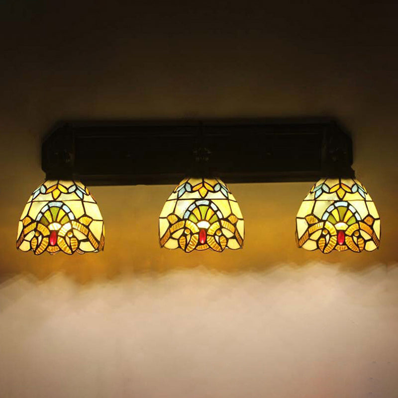 Dome Stained Glass Wall Mount Light Baroque 3 Heads Brown Sconce Lighting for Hallway