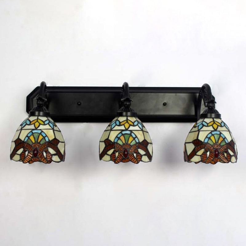 Dome Stained Glass Wall Mount Light Baroque 3 Heads Brown Sconce Lighting for Hallway