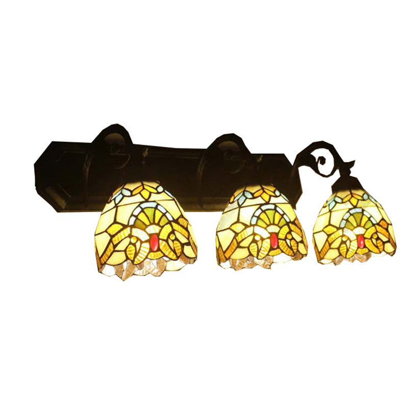 Dome Stained Glass Wall Mount Light Baroque 3 Heads Brown Sconce Lighting for Hallway