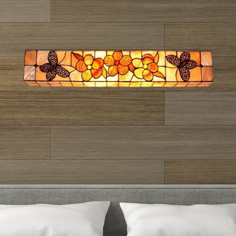 2 Lights Rectangle Wall Lighting with Flower and Butterfly Rustic Shell Wall Mount Light