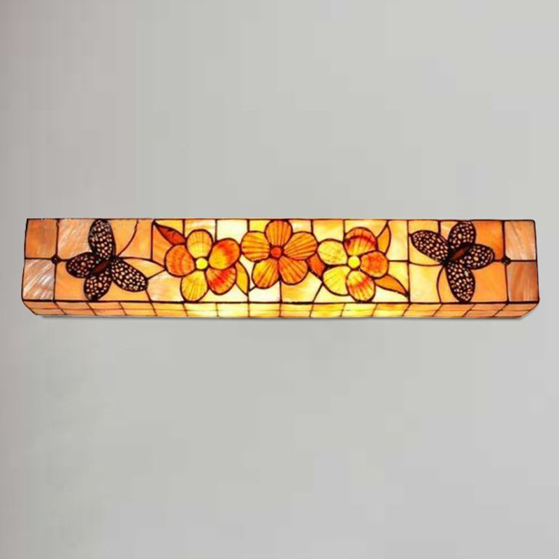 2 Lights Rectangle Wall Lighting with Flower and Butterfly Rustic Shell Wall Mount Light