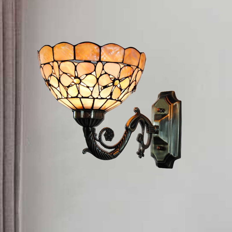 1 Head Wall Light Fixture Tiffany Bowl Orange Shell Sconce Light with Curved Arm