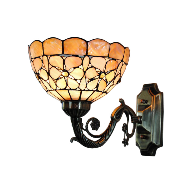 1 Head Wall Light Fixture Tiffany Bowl Orange Shell Sconce Light with Curved Arm