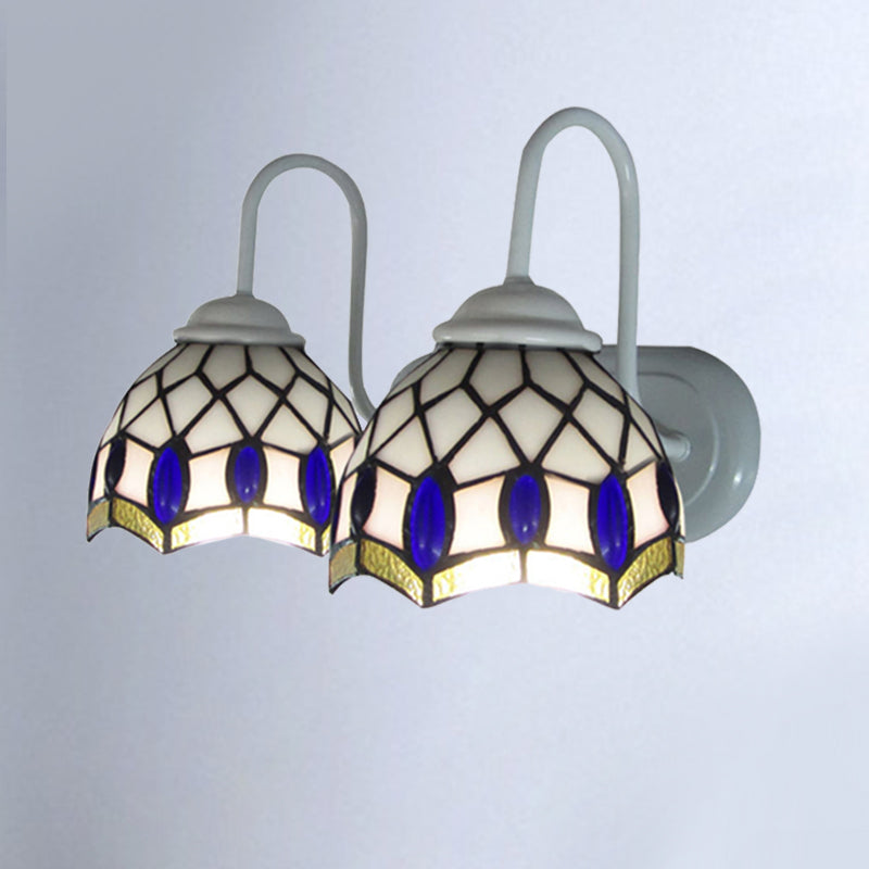 White Dome Sconce Light Tiffany 2 Heads Stained Glass Wall Mount Light with Blue Gem Decoration