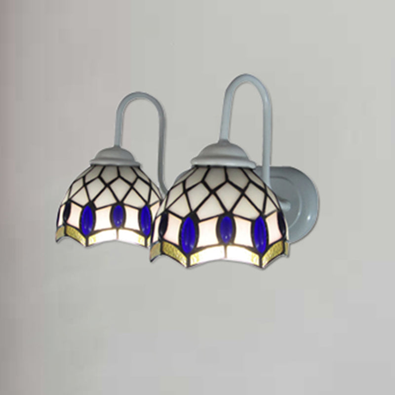 White Dome Sconce Light Tiffany 2 Heads Stained Glass Wall Mount Light with Blue Gem Decoration