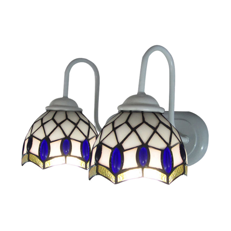 White Dome Sconce Light Tiffany 2 Heads Stained Glass Wall Mount Light with Blue Gem Decoration