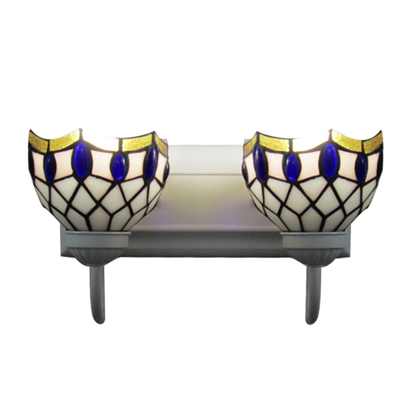 White Dome Sconce Light Tiffany 2 Heads Stained Glass Wall Mount Light with Blue Gem Decoration