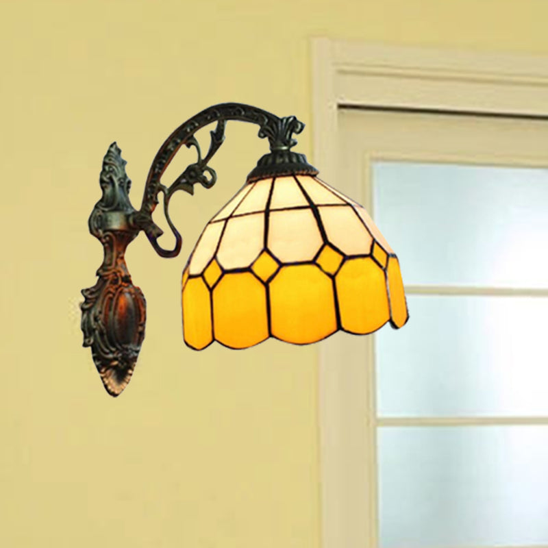 Yellow Dome Wall Mount Lighting Tiffany Style 1 Light Wall Sconce Lamp with Curved Arm