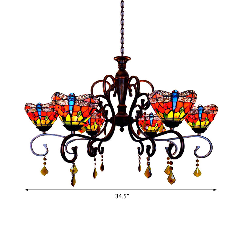 Tiffany Dragonfly Chandelier Stained Glass 6 Lights Stunning Hanging Pendant in Red
