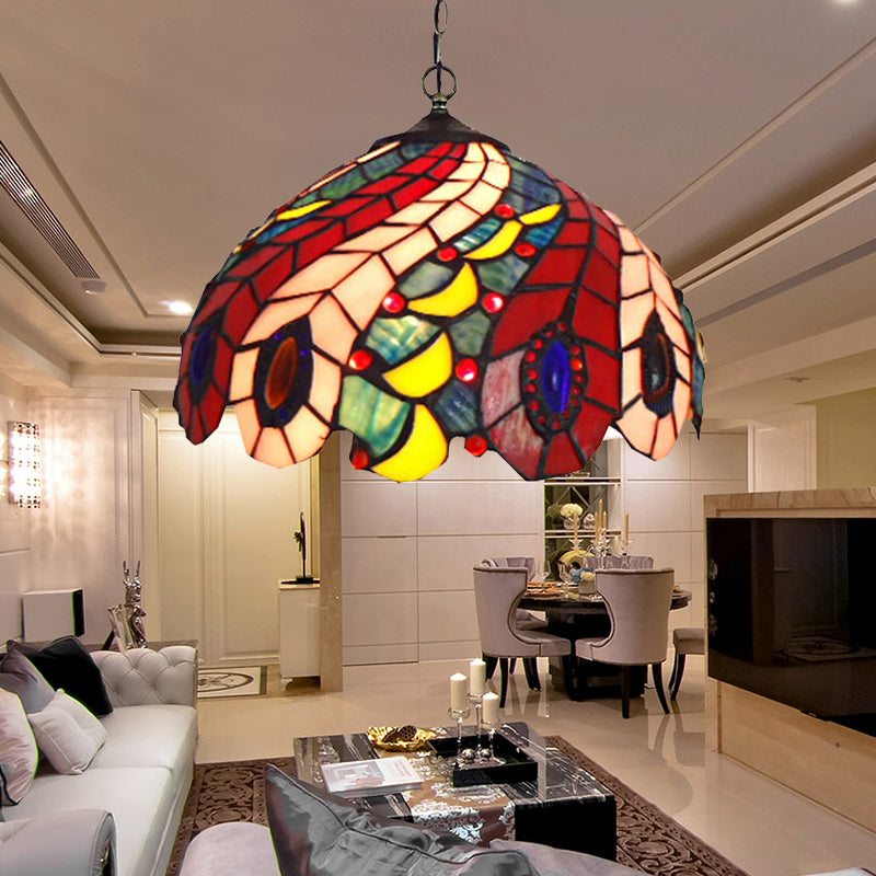 1 Bulb Peacock Ceiling Lamp Tiffany-Style Red Stained Glass Suspension Pendant Light