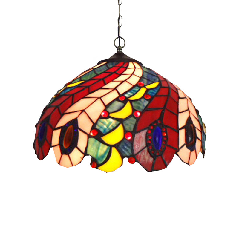 1 Bulb Peacock Ceiling Lamp Tiffany-Style Red Stained Glass Suspension Pendant Light