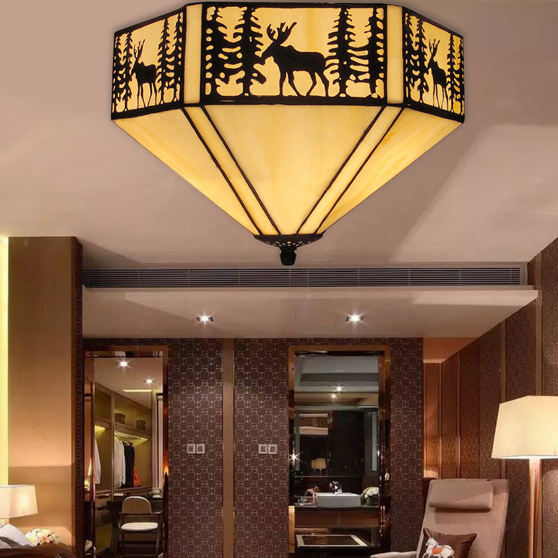 Geometric Shade Flush Mount Ceiling Light Retro Style Stained Glass 1/2 Light Flushmount Ceiling Light in White