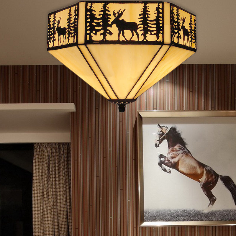 Geometric Shade Flush Mount Ceiling Light Retro Style Stained Glass 1/2 Light Flushmount Ceiling Light in White