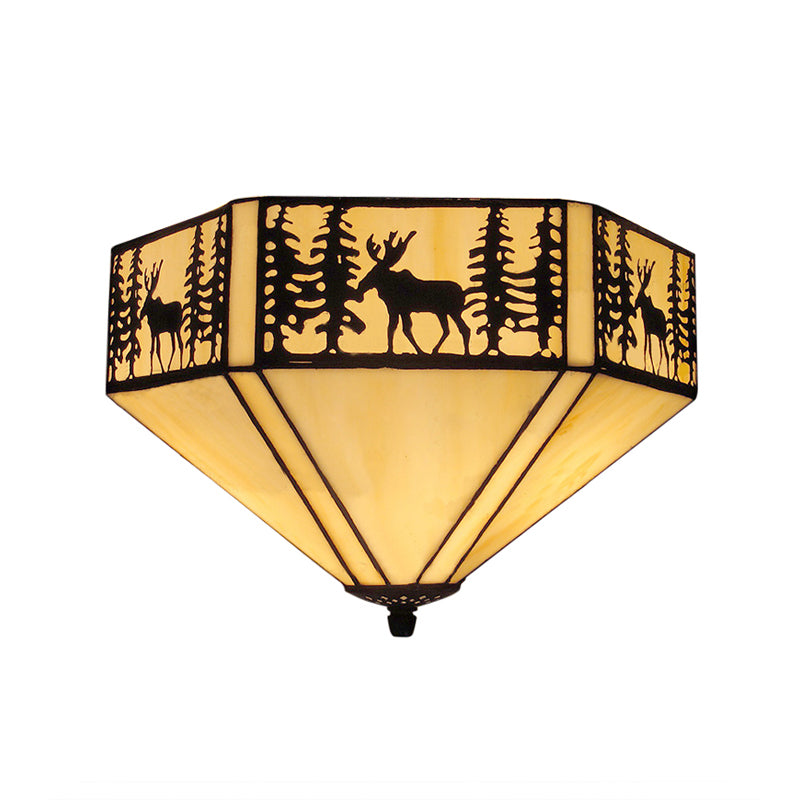Geometric Shade Flush Mount Ceiling Light Retro Style Stained Glass 1/2 Light Flushmount Ceiling Light in White