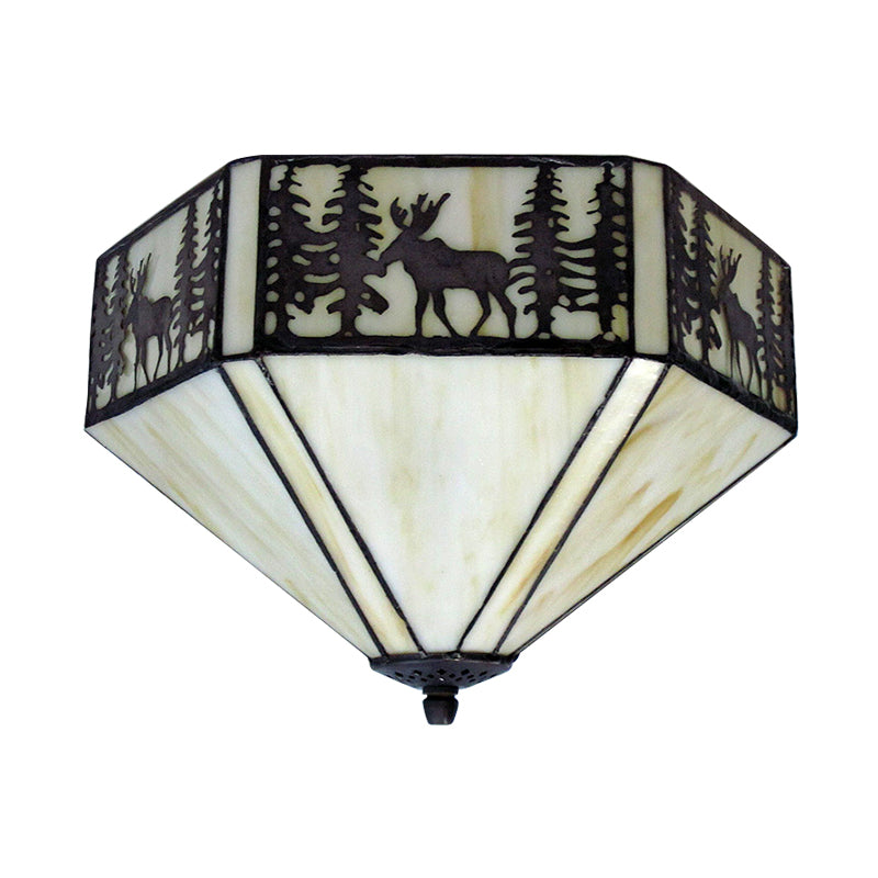 Geometric Shade Flush Mount Ceiling Light Retro Style Stained Glass 1/2 Light Flushmount Ceiling Light in White
