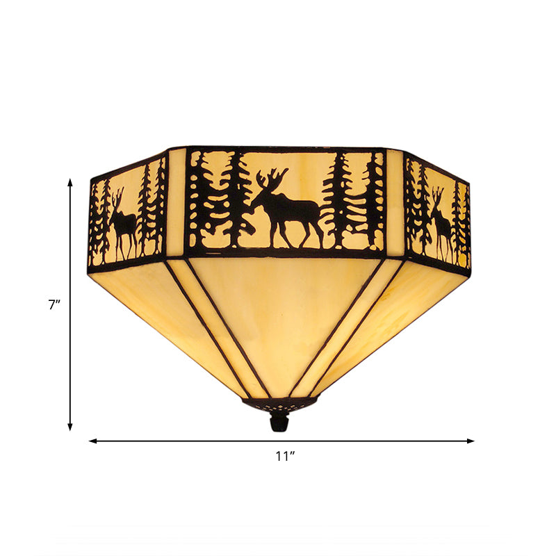 Geometric Shade Flush Mount Ceiling Light Retro Style Stained Glass 1/2 Light Flushmount Ceiling Light in White