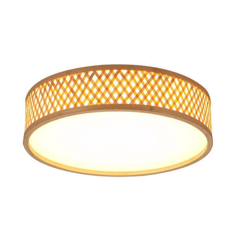 Asian Stylish Cross Woven Flushmount Light with Drum Shade Bamboo 10"/14" W LED Indoor Ceiling Lamp in Beige, Warm/White Light