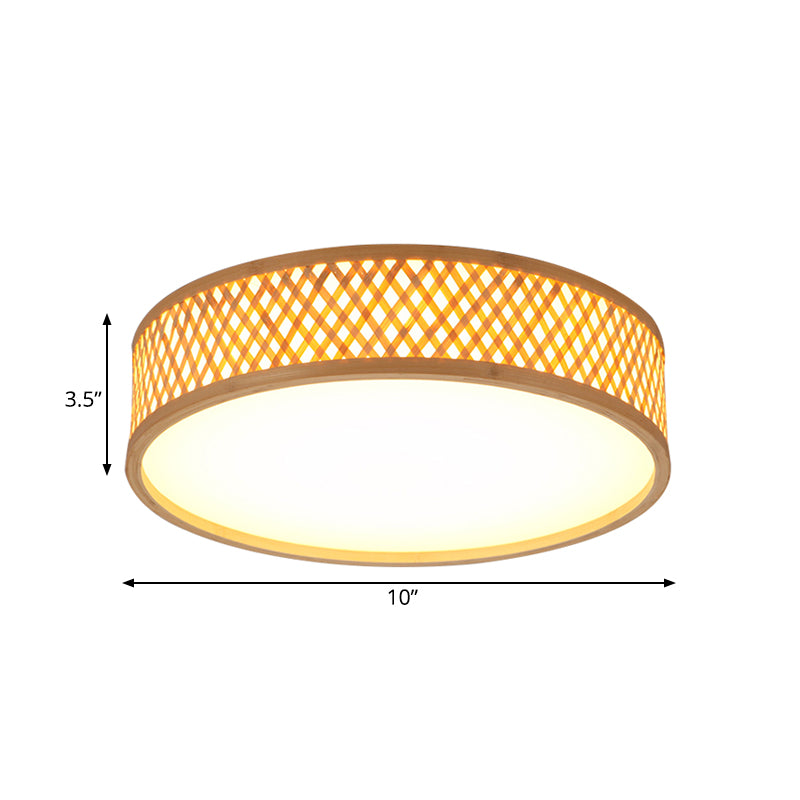 Asian Stylish Cross Woven Flushmount Light with Drum Shade Bamboo 10"/14" W LED Indoor Ceiling Lamp in Beige, Warm/White Light