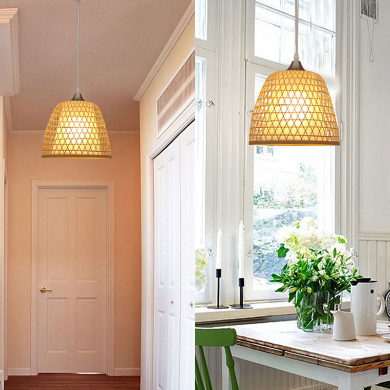Asian Style Eimer Hanging Leuchte mit Kreuz gewebtes Design Bambus 1 Glühbirnenschlafzimmer -Anhängerlampe